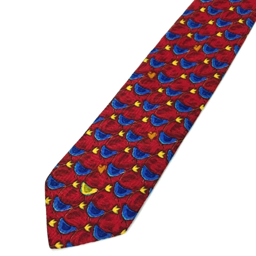 Ermenegildo Zegna 100% Silk Tie Red Birds Bird Heart Leaves Animals Necktie 57" - Picture 7 of 12